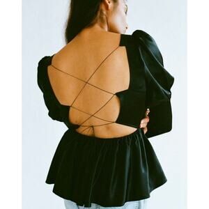 NWT Allina Liu Black Satin Womens Freya Peplum Top Blouse - Size Large